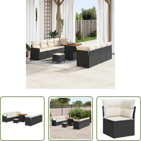 Sofás exteriores -  Conjunto de sofás de jardín 11 pcs Negro ratán sintético