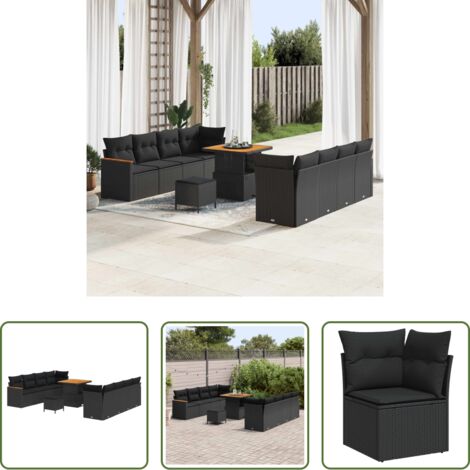 Sofás exteriores -  Conjunto de sofás de jardín 11 pcs Negro ratán sintético
