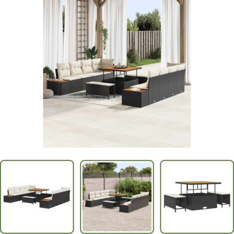 Sofás exteriores -  Conjunto de sofás de jardín con cojín 11 pcs Negro Poliratán