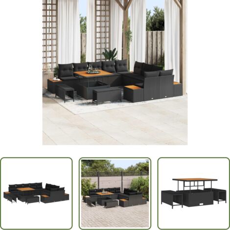 Sofás exteriores -  Conjunto de sofás de jardín con cojín 13 pcs Negro Poliratán