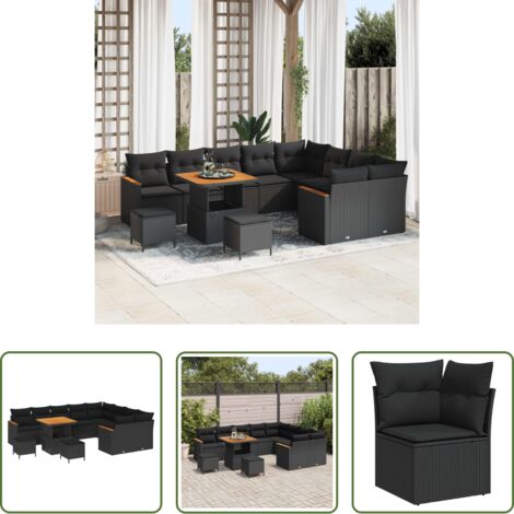 Sofás modulares -  Conjunto de sofá de jardín 12 pcs Negro Rattan de Poliéster