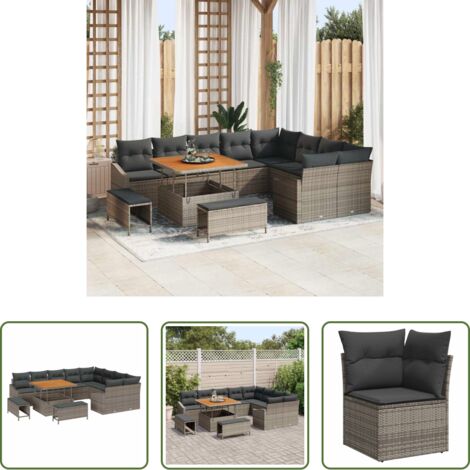 Sofás modulares -  Conjunto de sofás de jardín 12 pcs Gris ratán sintético