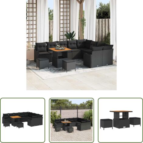 Sofás modulares -  Conjunto de sofás de jardín 12 pcs Negro ratán sintético