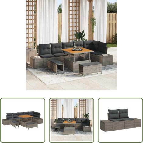 Sofás modulares -  Conjunto de sofás de jardín 9 pcs Gris ratán sintético