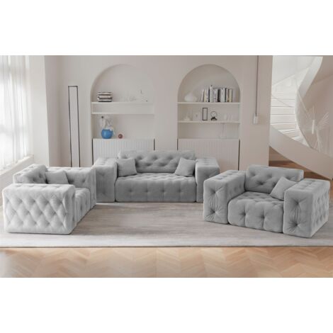Sofaset Designersofa CHANTAL 2-1-1 in Stoff Moly Hellgrau