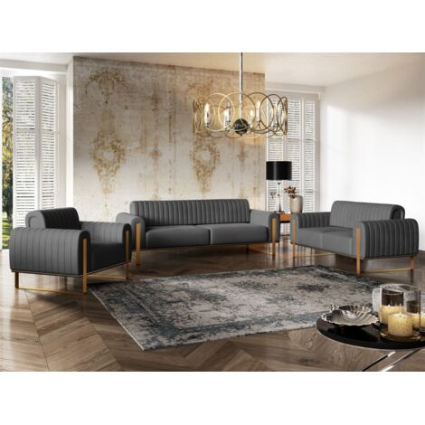 Sofaset Designersofas VALERIE 3-2-1 in Stoff Elisa Velvet Anthrazit