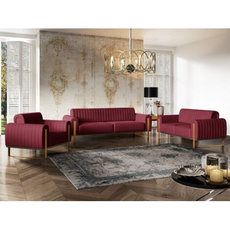 Sofaset Designersofas VALERIE 3-2-1 in Stoff Elisa Velvet Bordeauxrot