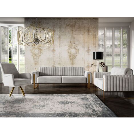 Sofaset Designersofas VALERIE 3-2-1 in Stoff Stoff Elisa Velvet Hellgrau