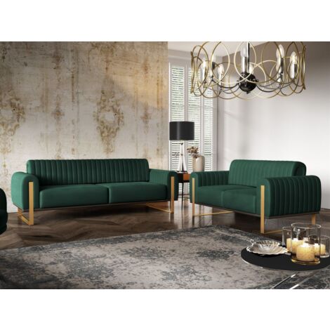 Sofaset Designersofas VALERIE 3-2 in Stoff Stoff Elisa Velvet Flaschengrün