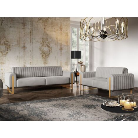 Sofaset Designersofas VALERIE 3-2 in Stoff Stoff Elisa Velvet Hellgrau