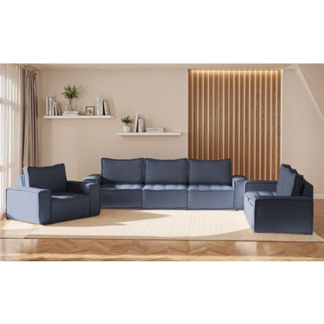 Sofaset Modulsofa-Set 6-teilig SANDE 3-2-1 Stoff Raven Blau