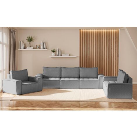 Sofaset Modulsofa-Set 6-teilig SANDE 3-2-1 Stoff Raven Grau