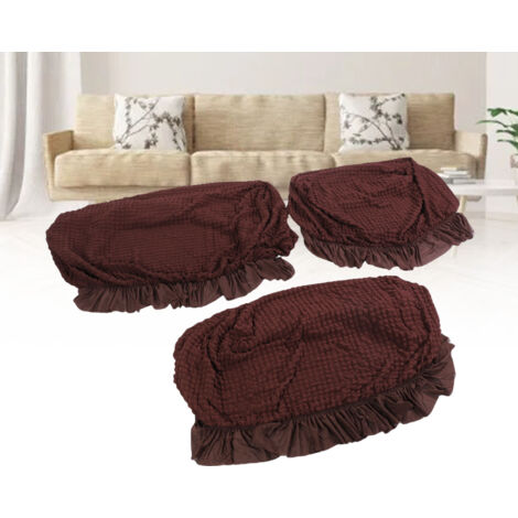 【Sofaüberzüge】3-teiliges Set mit Fransen-Sofaüberzügen und elastischem Saum, Polyester-Polyurethan, für 1-, 2- und 3-Sitzer-Sofas, dunkelbraun