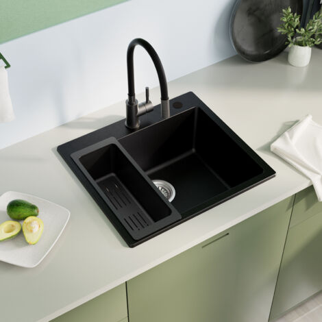 Sofetiy Max 50 × 45 cm Évier en granit , évier de cuisine en granit avec égouttoir, évier à poser, siphon, bonde et trop-plein inclus