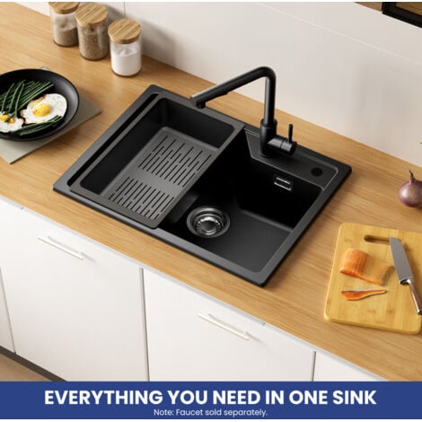 Sofetiy Max 60 x 45 cm Granitspüle, Küchenspüle Granit mit Abtropfkorb, Aufsatzspüle für die Küche, mit Siphon Ab- und Überlaufgarnitur, Anthrazit