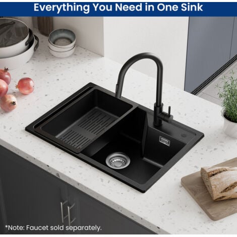 Sofetiy Max 65 x 45 cm Granitspüle, Küchenspüle Granit mit Abtropfkorb, Aufsatzspüle für die Küche, mit Siphon Ab- und Überlaufgarnitur, Anthrazit