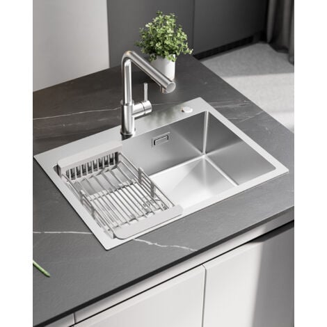 Sofetiy Max Küchenspüle aus gebürstetem Edelstahl, 60 × 45 × 18 cm, Einzelbecken mit Abtropfkorb