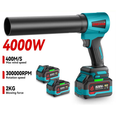 Soffiatore a batteria turbo 4000 W senza spazzole – 300.000 giri/min – ventilatore a getto alta velocità leggero per foglie, prato e pulizia esterna – con 2 batterie
