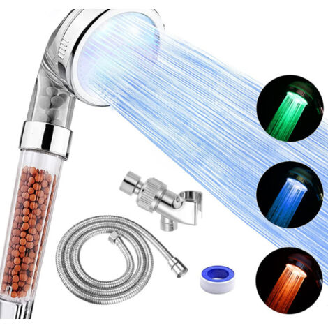 Soffione doccia a LED con doccetta, soffione doccia ad alta pressione con tubo flessibile, supporto e nastro PTFE ecc., 3 soffioni doccia filtrati a risparmio idrico e temperatura controllata per asci
