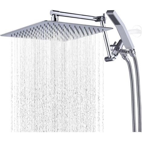 Soffione doccia a pioggia in metallo da 12", set doccia portatile SX3, deviatore SX3, raccordo antiusura, tubo flessibile in acciaio inossidabile SX71" (cromato), braccio di estensione regolabile