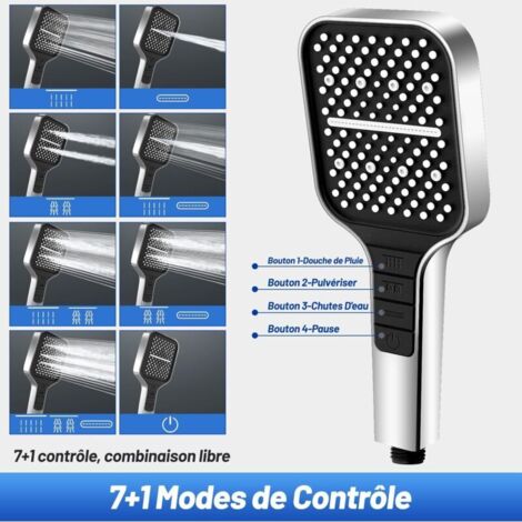 Soffione doccia a risparmio idrico CSPARCV, ad alta pressione con 7 modalità, pulsante di spegnimento, regolazione con una sola mano e ugello in silicone anti-intasamento, soffione doccia di grandi di