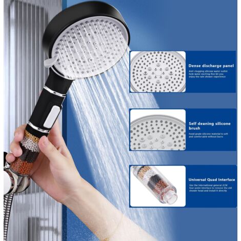 Soffione doccia ad alta pressione da 120 mm con tubo flessibile da 2 m e supporto, doccetta con 5 tipi di getto, risparmio idrico, filtrazione a 4 strati, potente per acqua dura, con