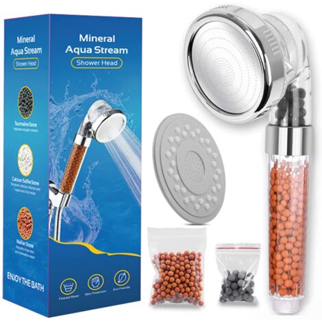 Soffione doccia con filtro a risparmio idrico, Soffione doccia con pietre minerali, Doccetta, Soffione doccia, 3 tipi di getti con filtro anticalcare (soffione doccia)