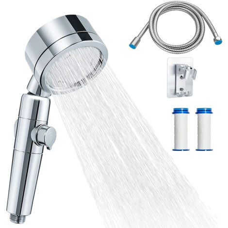 Soffione Doccia, Doccino Manuale a Risparmio D'acqua, ad Alta Pressione, Universale, Regolabile, 3 Funzioni Testa a Mano Con tubo flessibile da 2 m, supporto, cartuccia aggiuntiva
