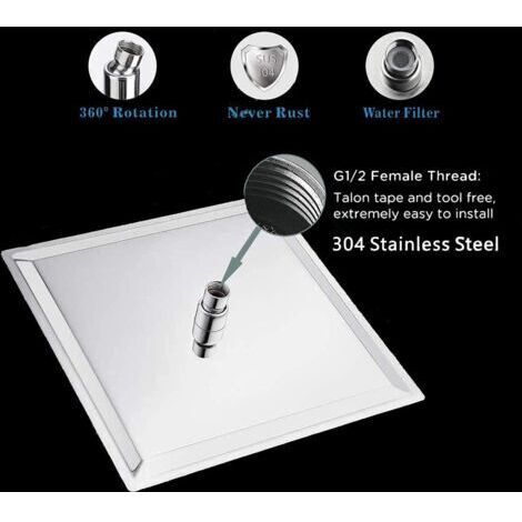 Soffione doccia in acciaio inox - Soffione a pioggia, soffione quadrato da 30 cm, soffione universale a risparmio idrico con filettatura da 1/2 pollice, girevole a 360°, inclinabile di 30°, facile da 