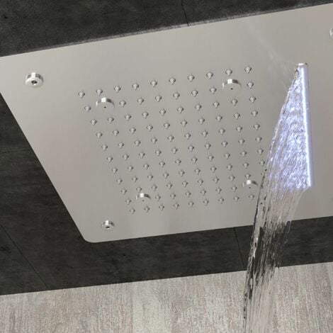 Soffione doccia led a soffitto installazione da incasso con cascata acciaio inox quadro