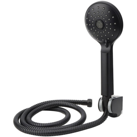 Soffione doccia portatile nero opaco con supporto per soffione, supporto per tubo flessibile e accessori per il bagno.
