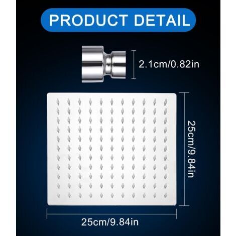 Soffione doccia quadrato da 10 pollici, soffione doccia a pioggia, soffione doccia quadrato in acciaio inox 304, soffione doccia a soffitto girevole a 360°, facile da installare e pulire, 25 cm