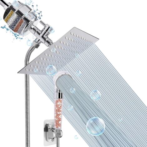 Soffione doccia, soffione doccia ad alta pressione con filtro combinato per acqua dura, rimuove fluoro e sostanze nocive - 1 cartuccia sostituibile (8", cromato)