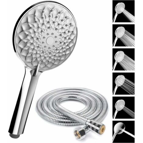 Soffione doccia + tubo flessibile doccia da 2 m, soffione doccia con tubo flessibile, 6 modalità di risparmio idrico e pulsante interruttore, soffione doccia ad alta pressione in acciaio inossidabile