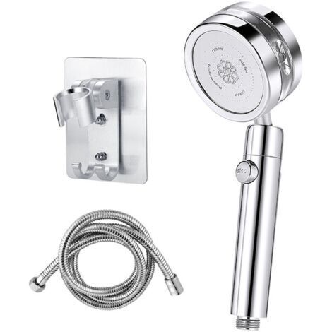 Soffione doccia turbo argento con tubo flessibile da 1,5 m e supporto a parete, interruttore one-touch, soffione rimovibile e facile da pulire.