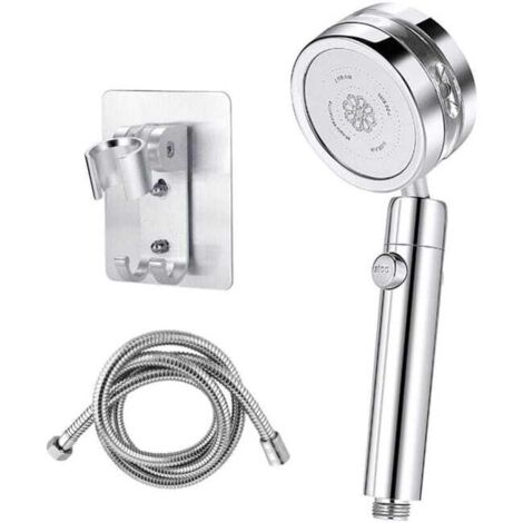 Soffione doccia turbocompresso argento con tubo flessibile da 1,5 m e supporto doccia a parete, interruttore a un pulsante