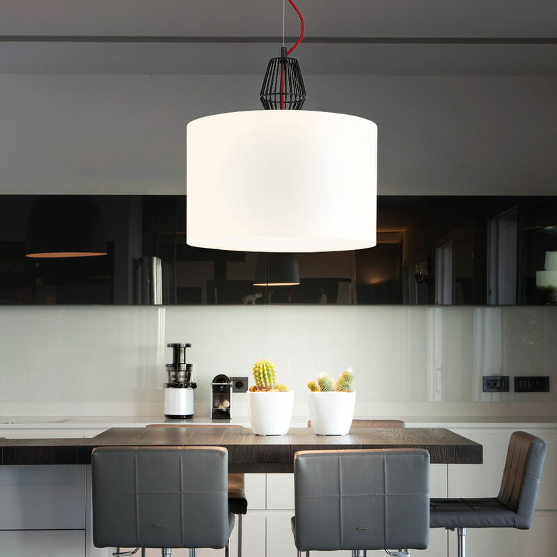 Image of Lampada a sospensione a led, lampada da tavolo da pranzo bianca, lampada a sospensione in tessuto, lampada da soggiorno, griglia in metallo nero, 1x