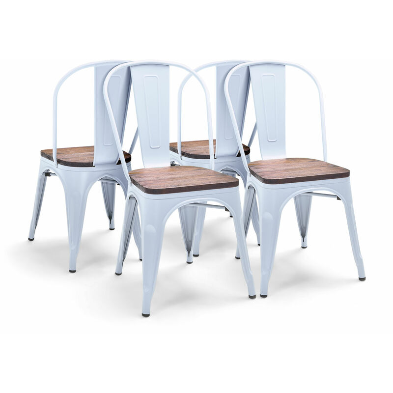 Sofia - Lot de 4 chaises en métal avec assise en bois massif, style industriel, couleur pastel blu