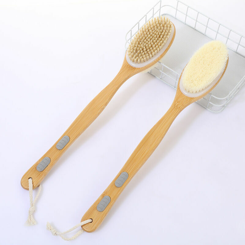 Dewdat - Soft and Hard Shower Brush, Double Sided Tub Long Back Handle Exfoliating Body Scrubber for Wet or Dry Brush, Gray