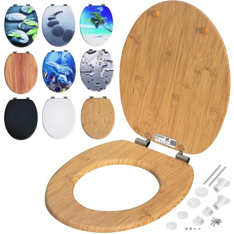 Antibacterial mdf Toilet Seat With Soft-Closing Stainless Steel Hinges Bamboo - Casaria
