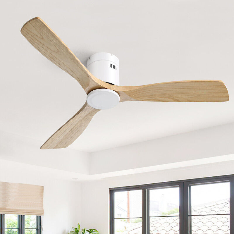Ventilateur de plafond Sofucor CC - 3 pales en bois - Moteur réversible silencieux - Télécommande - Sans lumière - 132 cm - Blanc-jaune