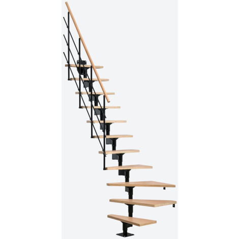 Escalier quart tournant gain de place en multiplex de hêtre verni – Structure en acier laqué noir – Hauteur réglable 234-282 cm – Largeur 74,6-104,2 cm – Sogem