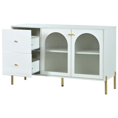 Soges 120 cm langes weiß-goldenes Sideboard mit verstellbaren Regalen und Marmorplatte, Schrank mit 2 Türen und 2 Schubladen, Schrank mit Glastüren