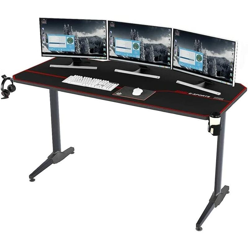 55-Zoll-Gaming-Schreibtisch Computertisch Computer-Gamer-Schreibtisch Pro-Tisch Ergonomischer PC-Schreibtisch mit USB-Ladegerät Getränkehalter und