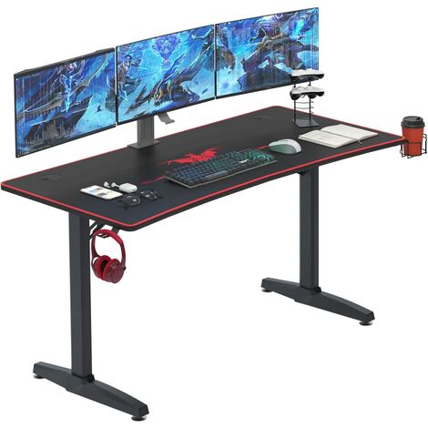 soges 60 Zoll großer ergonomischer Gaming-Schreibtisch mit komplett bedecktem Mauspad, PC-Computertisch in T-Form von Soges, professionelle Gamer-Tische, Gaming-Workstation mit Griffgestell, Getränkeh - Schwarz