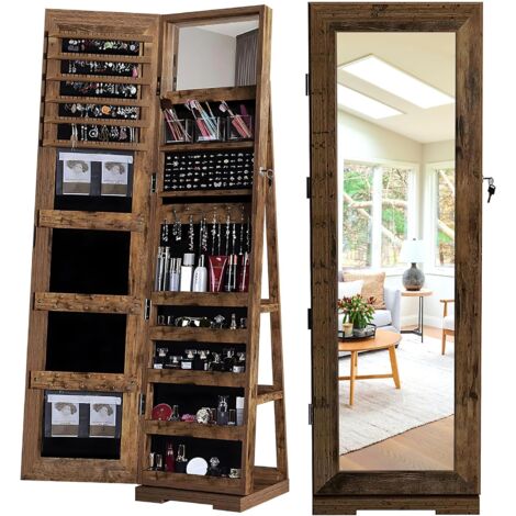 Soges – Armoire à bijoux sur pied 160 cm – Miroir pleine longueur – Verrouillable avec clé – Base pivotante 360° – MDF durable marron