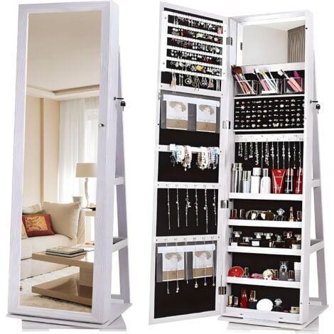 Soges Armoire à bijoux , armoire avec miroir sur pied 360°, miroir tournant avec grande capacité de rangement, dos avec étagères XXL, hauteur 160 x 38 x 38 cm, Blanc