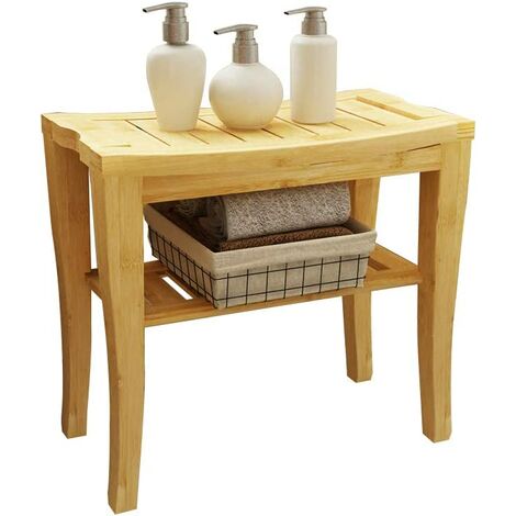 soges Badezimmerhocker mit 2 Ebenen Badezimmerhocker Duschhocker Badezimmerhocker Rutschfester Duschsitz für Badezimmer Bambus Grundfarbe