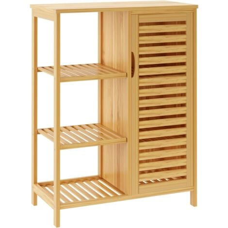 Soges Badezimmerschrank aus Bambus,Beistellschrank mit 4 Ablagen und Lamellentür,Aufbewahrungsschrank für Badezimmer,Wohnzimmer,Küche,66 x 33 x 87 cm