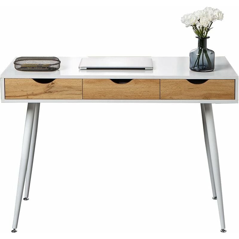 Bureau avec 3 tiroirs, table d'ordinateur avec 4 pieds en métal, blanc, 110 x 50 x 78 cm - Soges